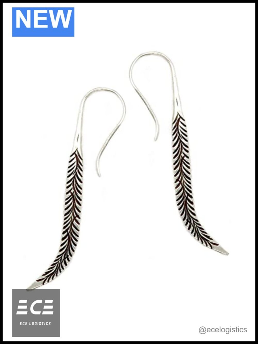 Sterling Silver Long Feather Earrings Handmade Oxidized Tribal Spike Drop Dangle